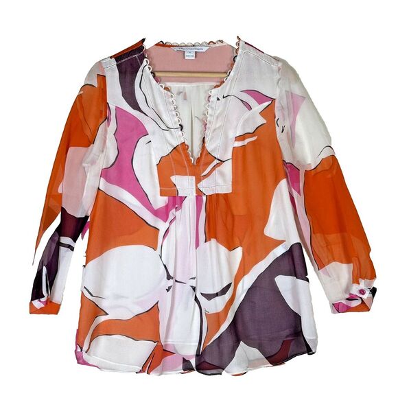 Diane Von Furstenberg Womens Shirt Blouse Sz 6 Silk Floral‎ Sheer 3/4 Sleeves - Picture 1 of 11